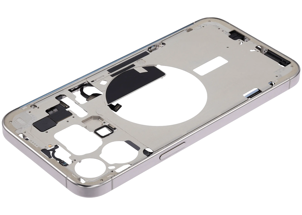 Midframe/Rahmen mit Small Parts für iPhone 15 Pro Max (EU / Global Version) (gebrauchter OEM-Ausbau, Qualität C) (Weiß Titanium)