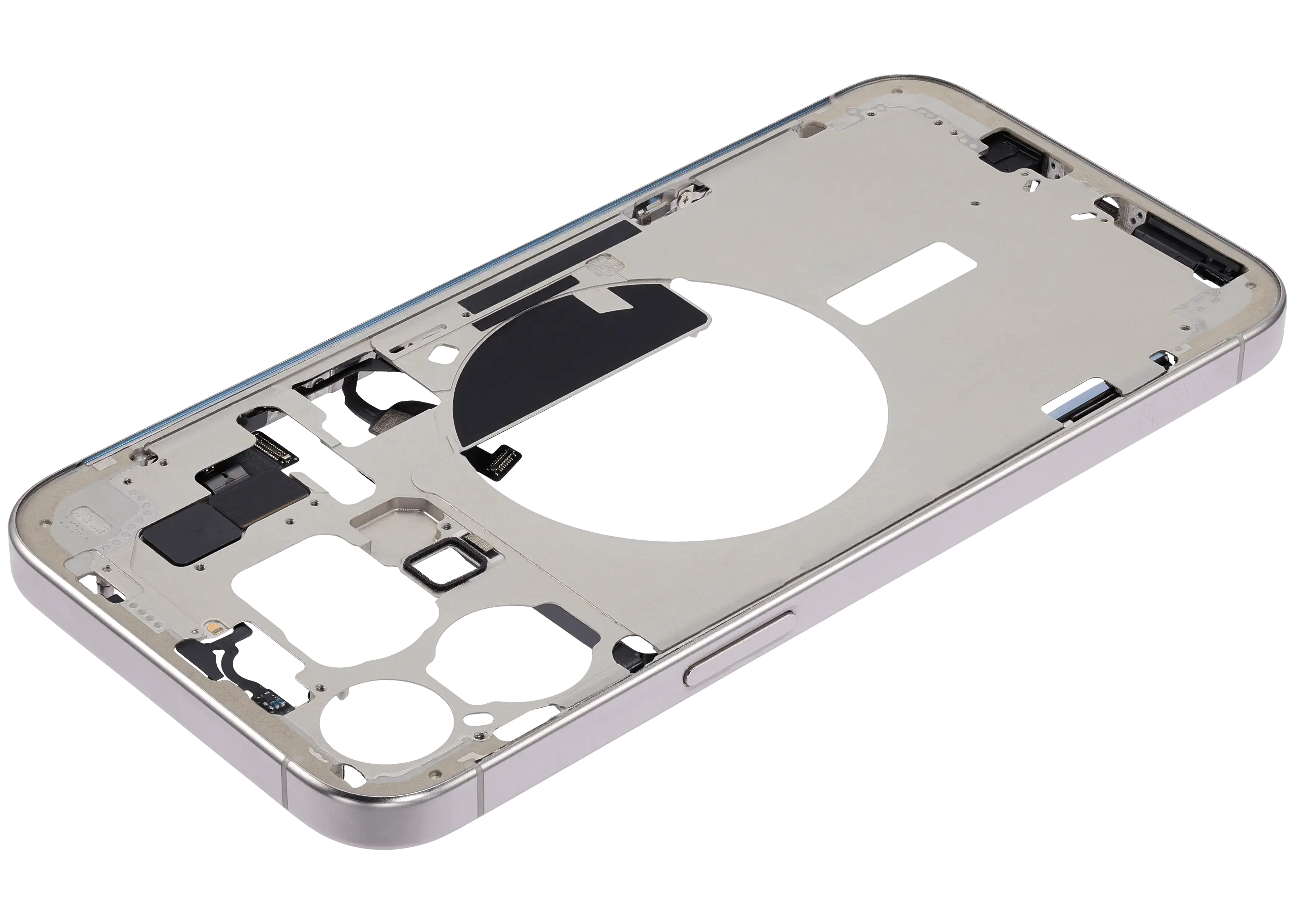 Midframe/Rahmen mit Small Parts für iPhone 15 Pro Max (EU / Global Version) (gebrauchter OEM-Ausbau, Qualität C) (Weiß Titanium)